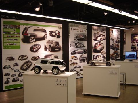 1993 Ford Probe - An exhibit showcases various car design concepts, sketches and physical models.