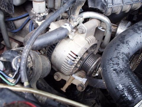 1995 Ford F-150 - Engine bay view showing an alternator, hoses, and wiring harness.