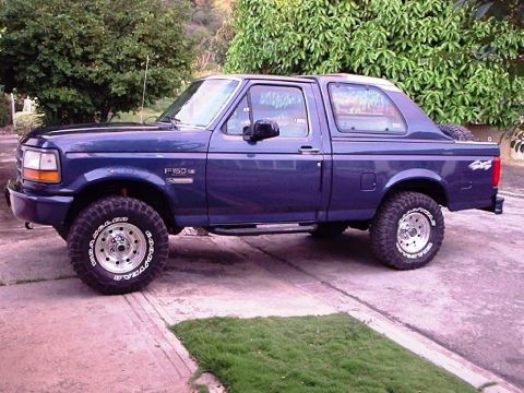 1995 Ford F-150 - This blue Ford F-150 pickup truck is shown from the side, parked on a paved surface with grass nearby.
