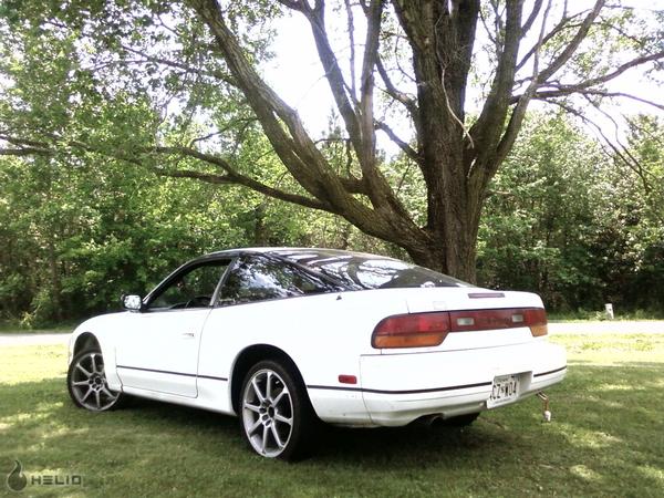 White coupe with a black roof parked under a tree. Rear view shows taillights and license plate