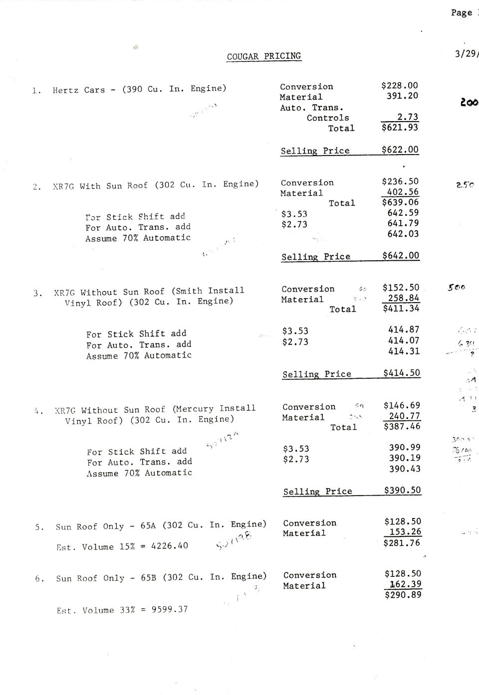 Typed Cougar pricing document listing conversion costs