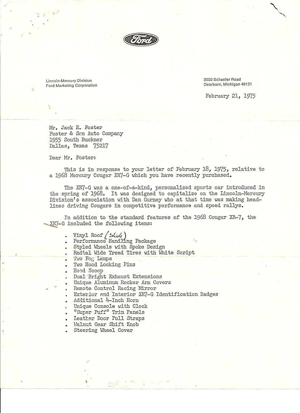 1975 XR7-G letter - Note the number of cars built is wrong