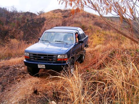 1995 Ford F-150 - A blue Ford Bronco navigates an off-road trail with dry vegetation and hills in the background.