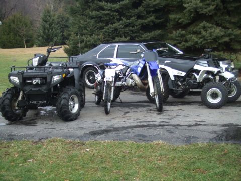 1996 Ford Bronco - Four powersports machines lined up on a wet asphalt driveway in front of a black two-door coupe and a row of evergreens: a green Polaris ut…