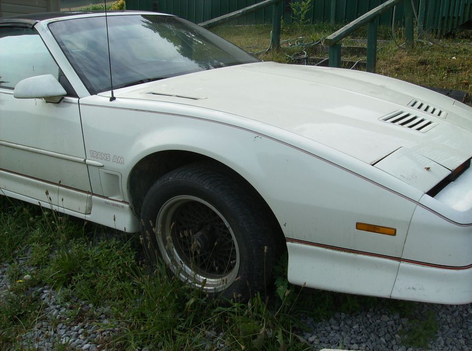 White convertible with black top, side view, showing 'TRANS AM' badge on fender