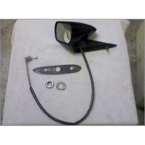 Side mirror assembly, gasket, nut, and washer on a white surface