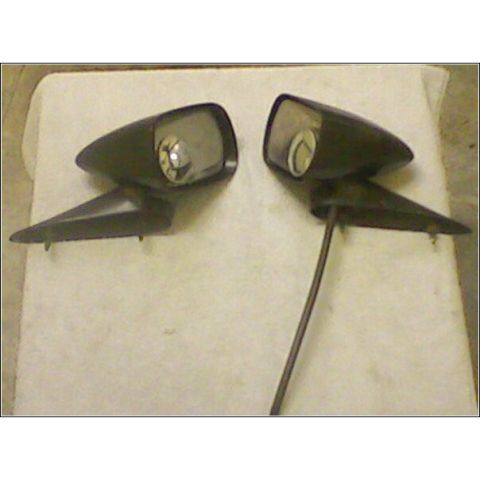1972 Ford Ranchero - Two black side mirrors are displayed on a white surface, each with a reflective glass and a mounting stem.