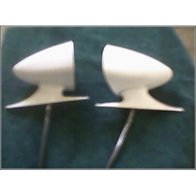 1972 Ford Ranchero - Two white side mirrors with chrome stems are shown against a dark background.