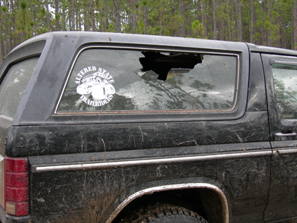 1985 Ford Bronco - Busted out the rear glass on a random tree. Replace with plexy glass, much better and lighter.