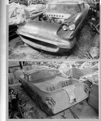 1972 Ford Ranchero - This custom car body, seen from the front and rear, appears to be undergoing modification or restoration in a cluttered garage.