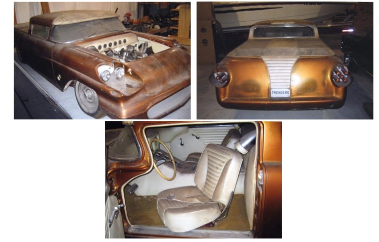 Customized pickup truck with exposed engine and 'TRENDERO' plate