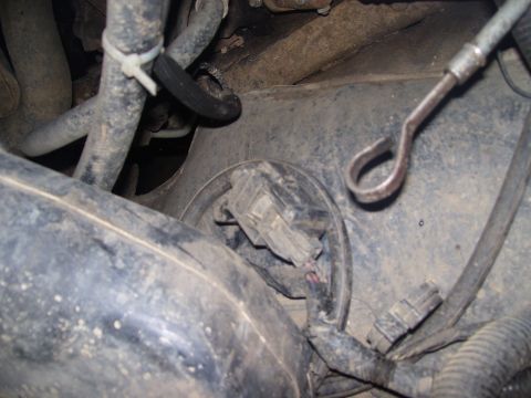1986 Ford Bronco - This image shows various engine components, including hoses, wiring, and a connector, in a close-up view.