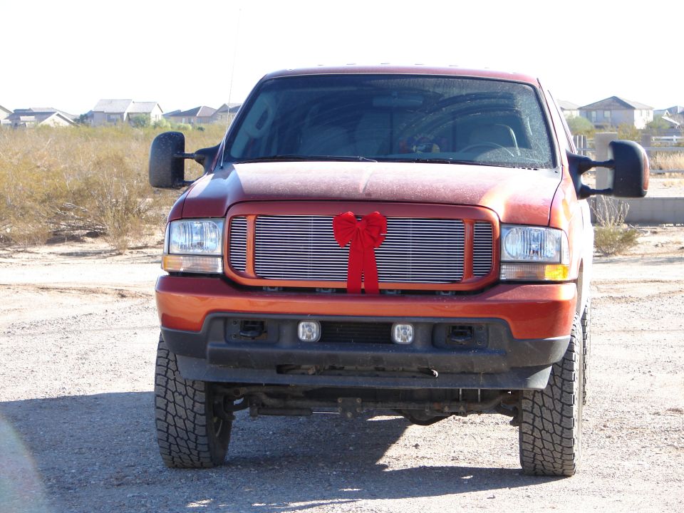 2004 Ford F-250 front view with red bow on grille