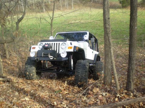 1997 Jeep Wrangler - This white 1997 Jeep Wrangler, modified for off-roading with a winch and oversized tires, is seen on a leaf-covered trail surrounded by tre…