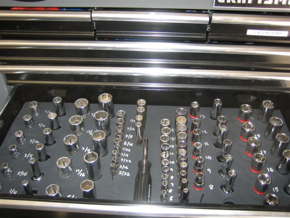 Socket set organized in a toolbox drawer with sizes marked