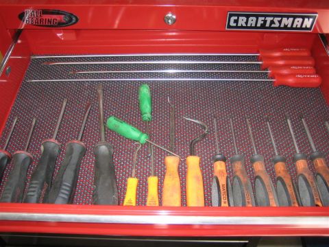 1994 Ford Bronco - A red Craftsman tool drawer is organized with various screwdrivers and picks.
