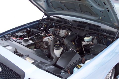 2001 Ford Crown Victoria - The engine bay of a 2001 Ford Crown Victoria is shown with the hood open.