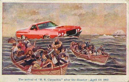 1971 Ford Ranchero - A 1971 Ford Ranchero is depicted in the water alongside lifeboats filled with people, illustrating a historical event.