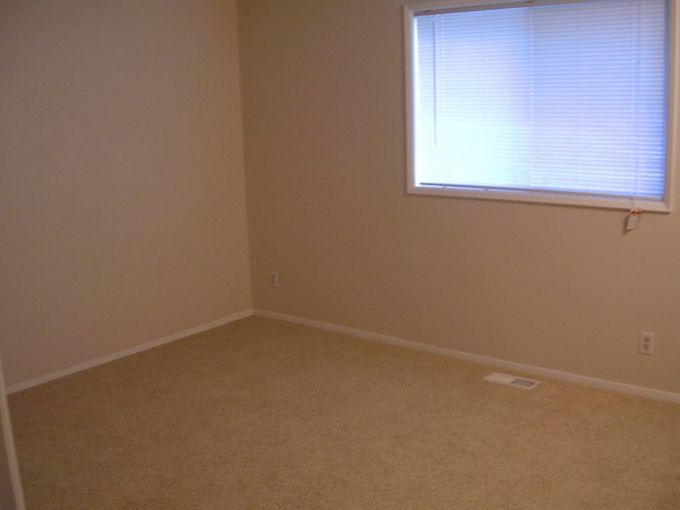 Interior of an empty room with beige walls, carpet, and a window with blinds