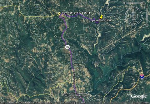 1986 Ford Bronco - A satellite view displays a marked route through a rural landscape, road names and highway markers.