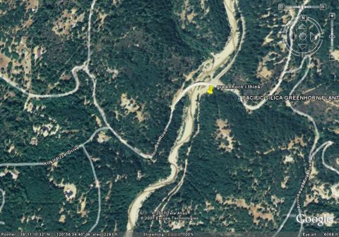 1986 Ford Bronco - Aerial view of a rural area showing roads, a river, and the Pacific Silica Greenhorn Plant.