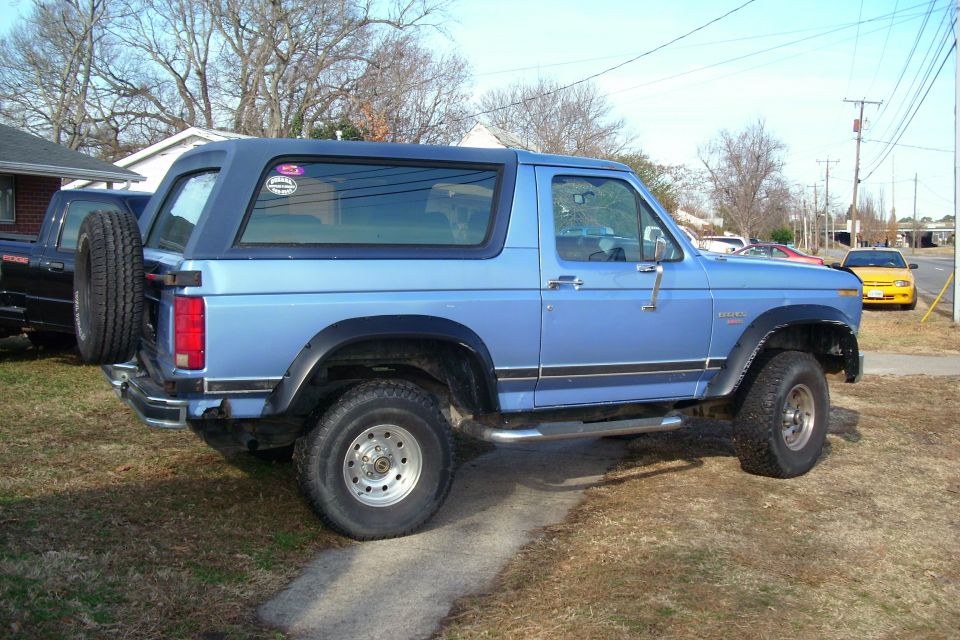 Side view of a blue lifted Ford Bronco on grass