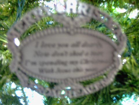 1978 Ford Bronco - Christmas ornament with a sentimental message hangs on a decorated tree.