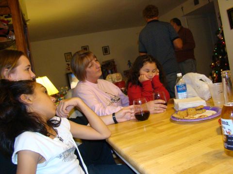 1989 Ford Bronco - A group of people are seated around a table, some looking bored, with drinks and snacks laid out.