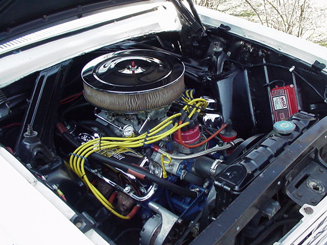 V8 engine bay with chrome air cleaner, yellow plug wires and red MSD ignition box