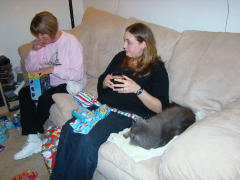1989 Ford Bronco - Two women and a cat are on a couch, surrounded by Christmas gifts.