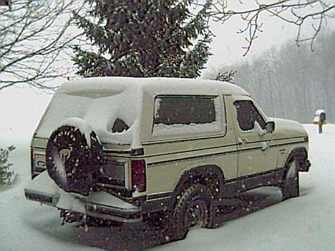 1986 Ford Bronco - A tan 1987 Ford Bronco sits in the snow, its spare tire mounted on the rear door.