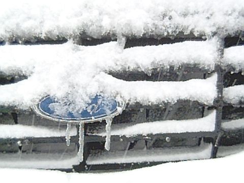 1986 Ford Bronco - Nice formation of ice on the FORD emblem.