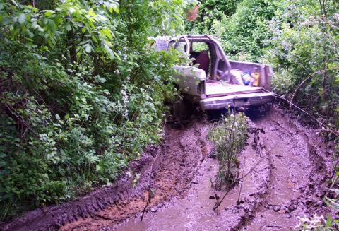 1995 Ford Bronco - A truck is stuck in a deep mud rut surrounded by dense green foliage.
