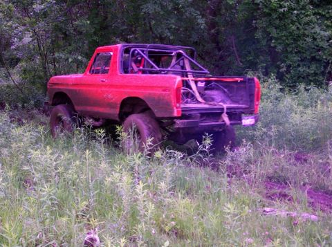 1995 Ford Bronco - This red off-road truck, modified with a roll cage and large tires, is stuck in tall grass.
