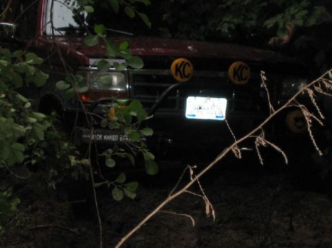 1995 Ford Bronco - A red Ford truck with auxiliary lights and a license plate is seen off-road.