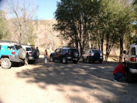 2007 Toyota FJ Cruiser - A group of FJ Cruisers are parked in a wooded area, with people milling around and one person attending to a tire.