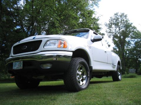 2003 Ford F-150 - White 2003 Ford F-150 pickup truck with chrome wheels parked on a grassy lawn.