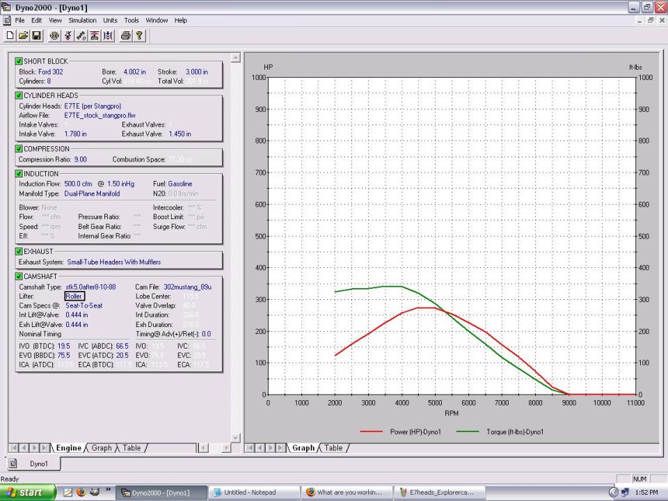 Computer screen showing engine specs and a dyno graph with power and torque curves