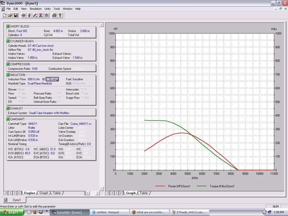 Dyno2000 software window with engine specs and HP/torque graph
