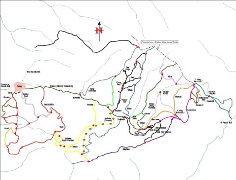 1992 Ford Mustang - off-road recreation trail map with colored named routes, not an automotive technical document.