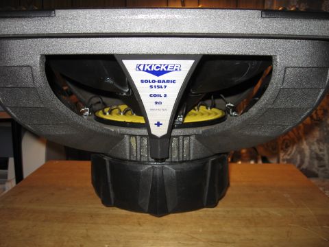 1992 Ford Crown Victoria - Close-up of a Kicker Solo-Baric S15L7 subwoofer with visible branding and specifications.