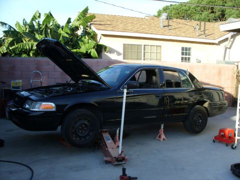 2005 Ford Crown Victoria - A black 2005 Ford Crown Victoria is raised on jack stands in a driveway, with its hood open, suggesting maintenance work.