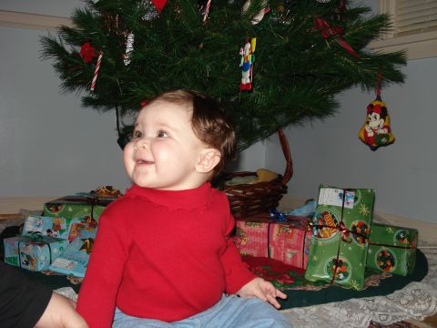 2000 Ford Crown Victoria - A baby smiles while sitting near a decorated Christmas tree and wrapped gifts.