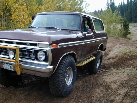 1979 Ford Bronco - This Ford Bronco is shown on a dirt road with trees in the background.