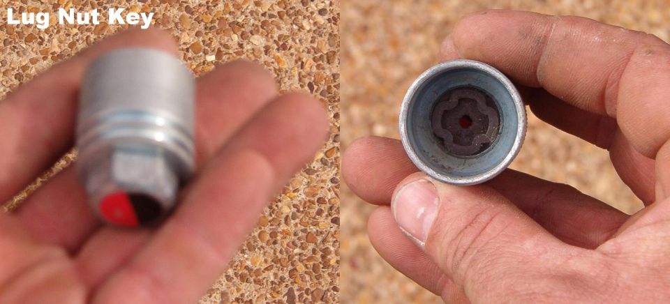 Two-panel close-up of a wheel lock lug nut key and its socket