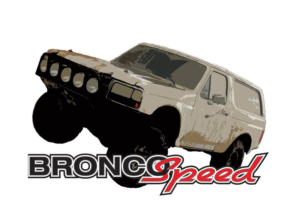 White Ford Bronco with four off-road lights on the grille, tilted on its side. Text reads "BRONCO Speed"