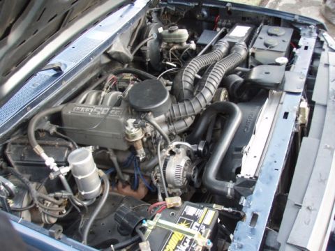 1995 Ford F-150 - Close-up of a Ford V8 engine bay, including the engine, battery, and various hoses and components.