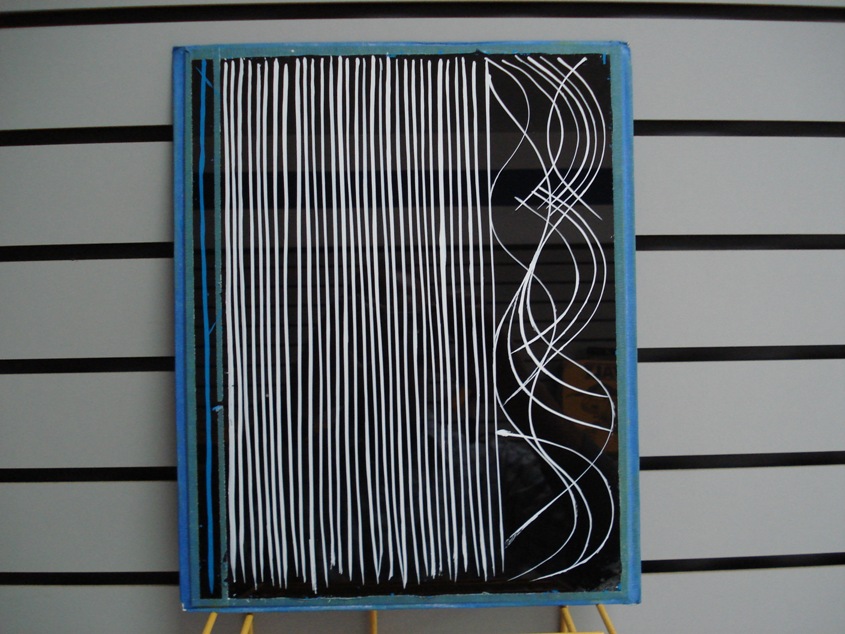 Abstract artwork with vertical white lines on the left and curved white lines on the right, set against a black background and framed in blue