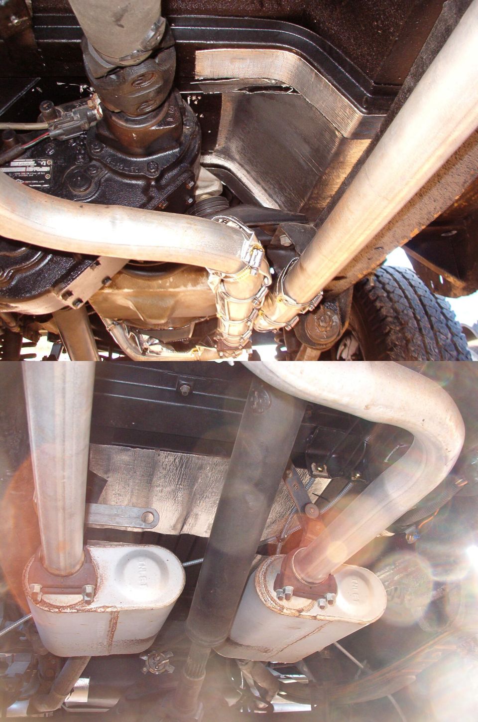 Two-panel underside view of dual exhaust mufflers and pipes under a truck