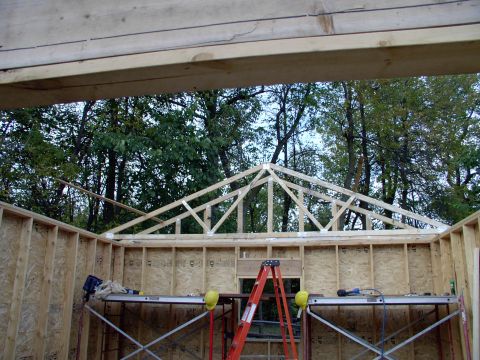 1986 Ford Bronco - This is how fat, old b@$turds erect trusses safely. On scaffolds, with the trusses at waist level so there's no lifting, just sliding and n…